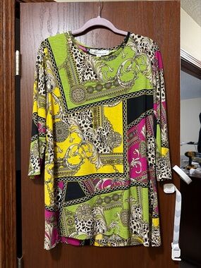 Caroline Rose Multi-Color Baroque & Leopard Print Tunic - Green, Yellow, Pink